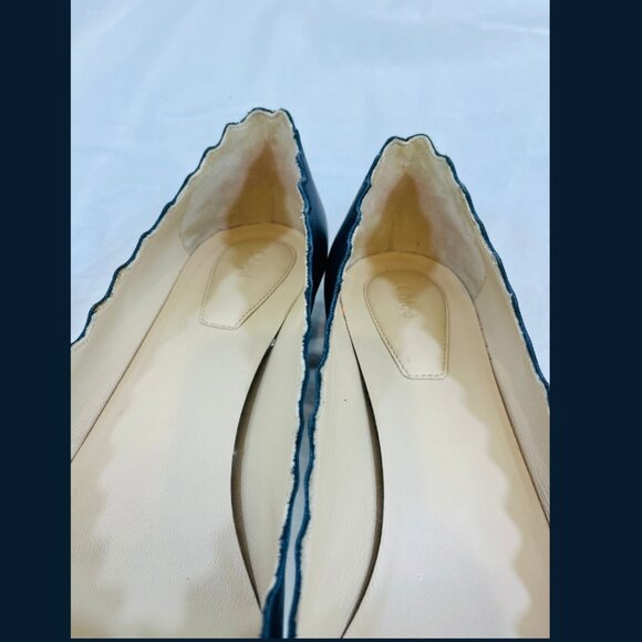 Chloe Scalloped Edge Blue Leather Block Heels - Size 39 - Picture 12 of 16